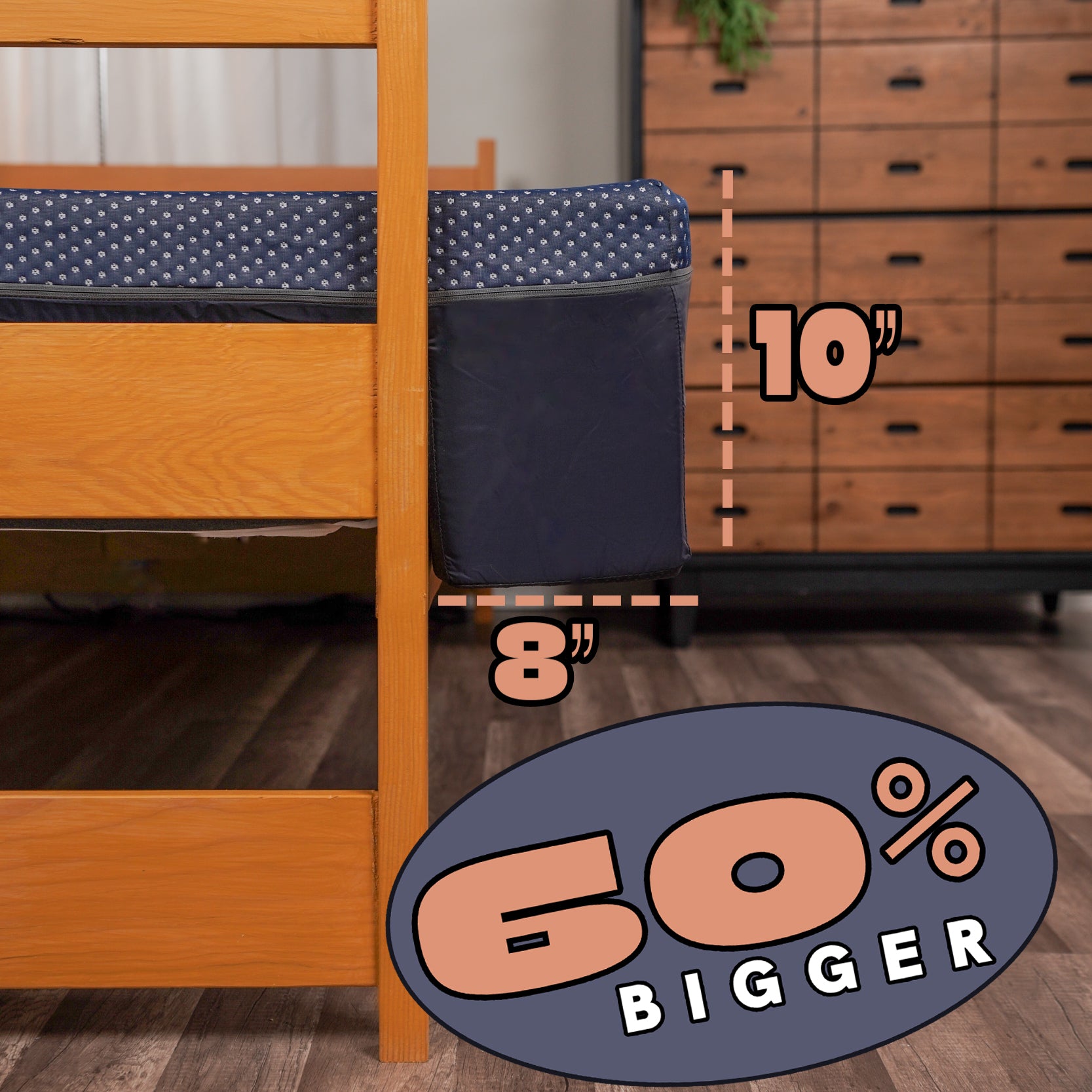 Side view of Cornell Bigger Bed memory foam extension showing 8-inch width and 10-inch height, making dorm bed 60% larger.