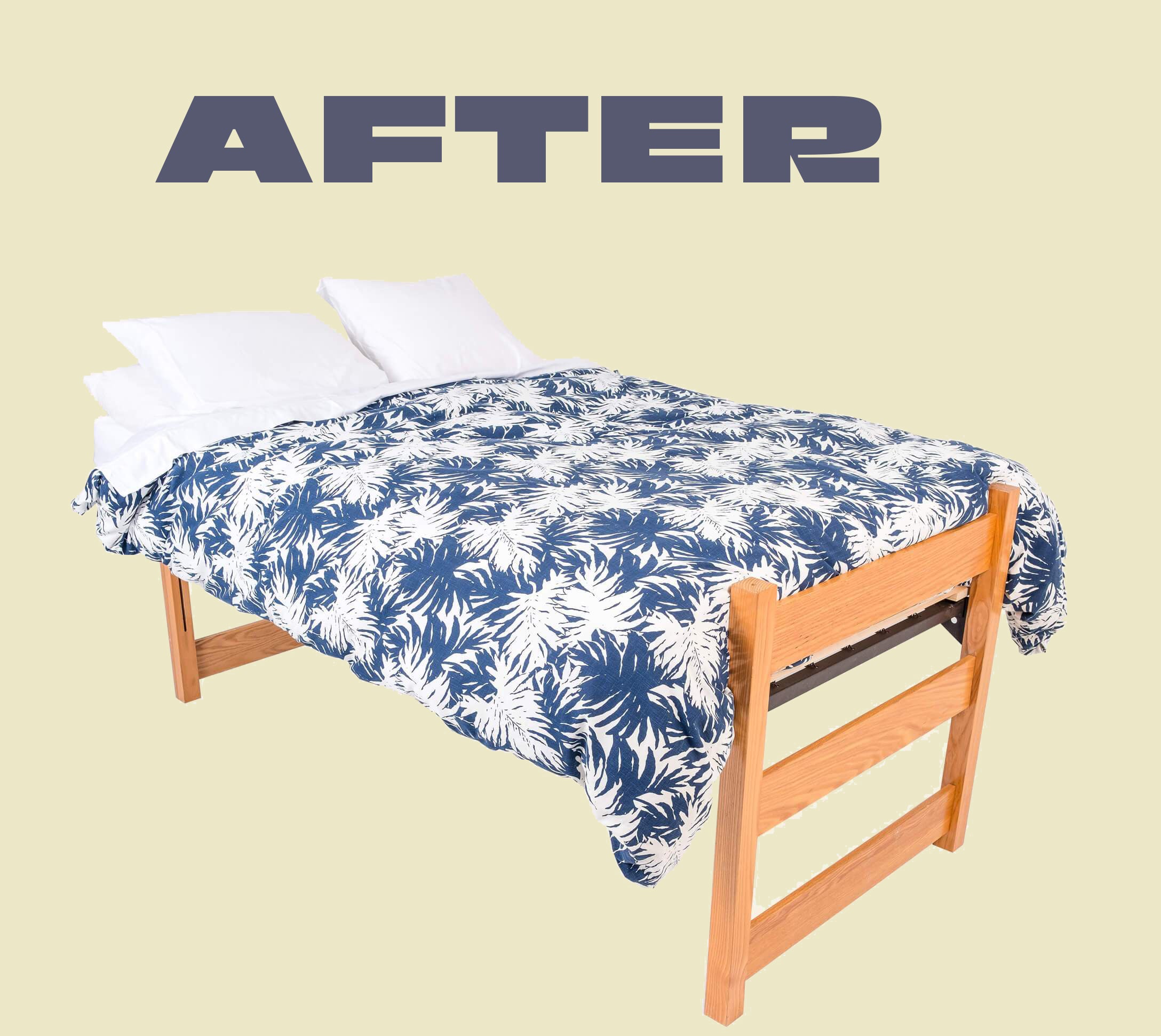 Cornell Bigger Bed full-size dorm bed conversion with wooden frame and blue tropical duvet, shown after upgrade from Twin XL.
