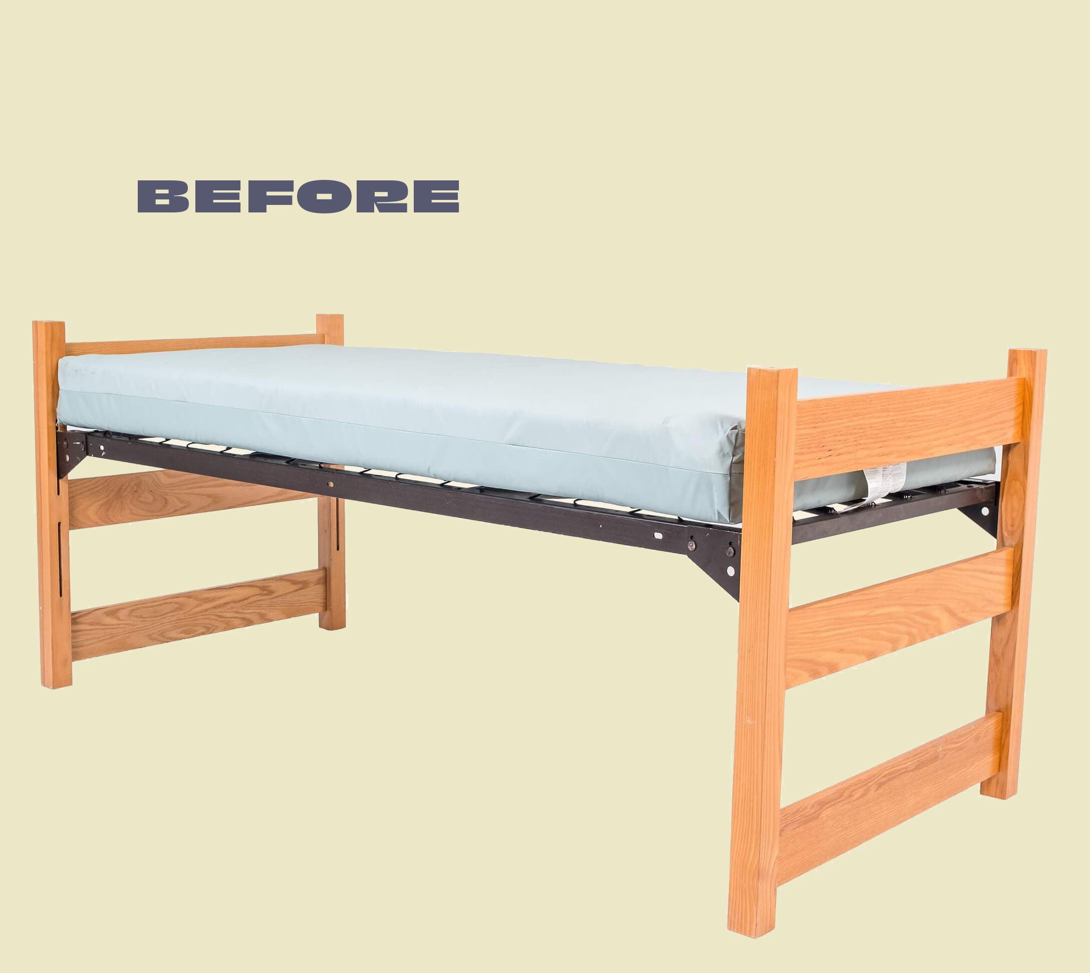 Standard college dorm Twin XL bed with wooden frame and thin mattress before Cornell Bigger Bed upgrade.