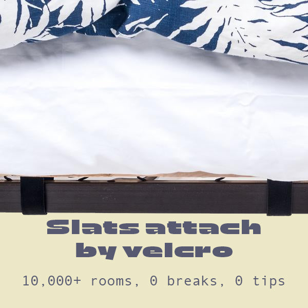 Close-up of Cornell Bigger Bed wooden slats secured with Velcro straps, proven in 10,000+ dorm rooms without breaks or tipping.